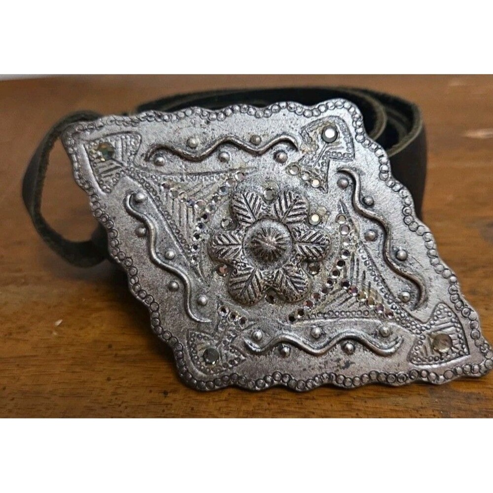 Barbara Co Black Leather Belt Large Silver Western Buckle 38 In Vintage 1990s